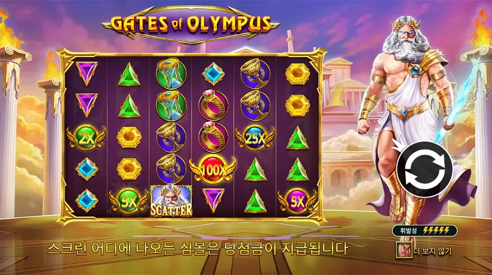 올림푸스 슬롯 소개 이미지 – 그리스 신전과 제우스를 배경으로 한 Gates of Olympus 게임 컨셉 아트