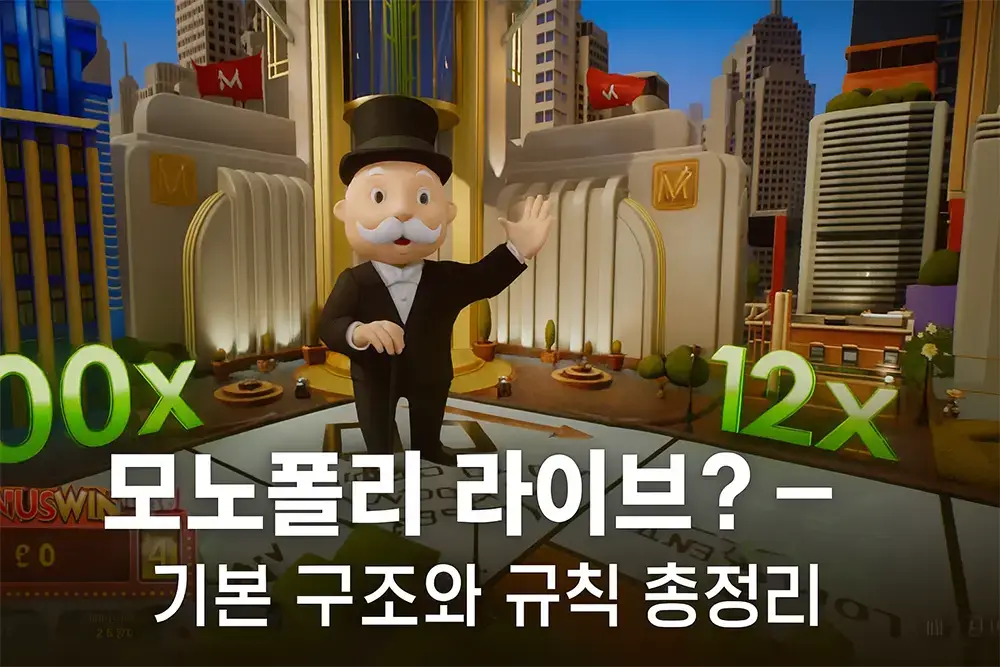 모노폴리 라이브(Monopoly Live)의 기본 구조 설명 이미지 – 숫자와 보너스 섹터가 있는 회전 휠, Mr. Monopoly, 찬스 카드 등 게임 규칙을 시각적으로 보여주는 구성도