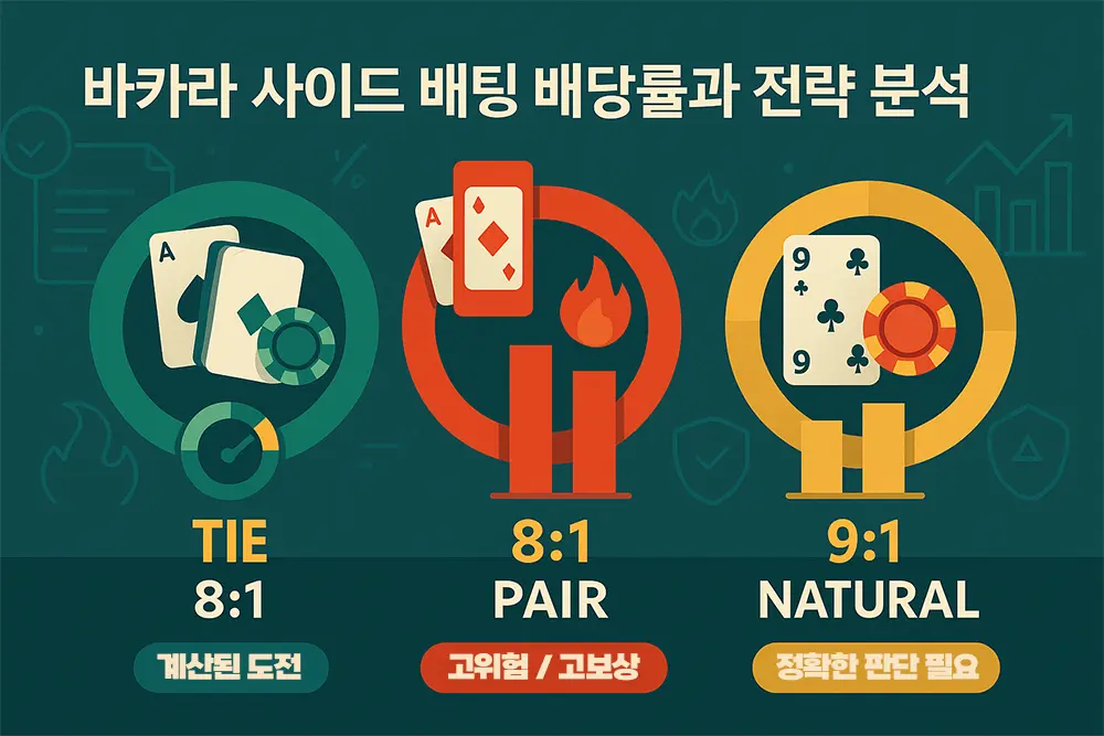 바카라 확률과 사이드 베팅 전략 비교 인포그래픽 - 높은 리스크와 낮은 수익률 구조 시각 설명
