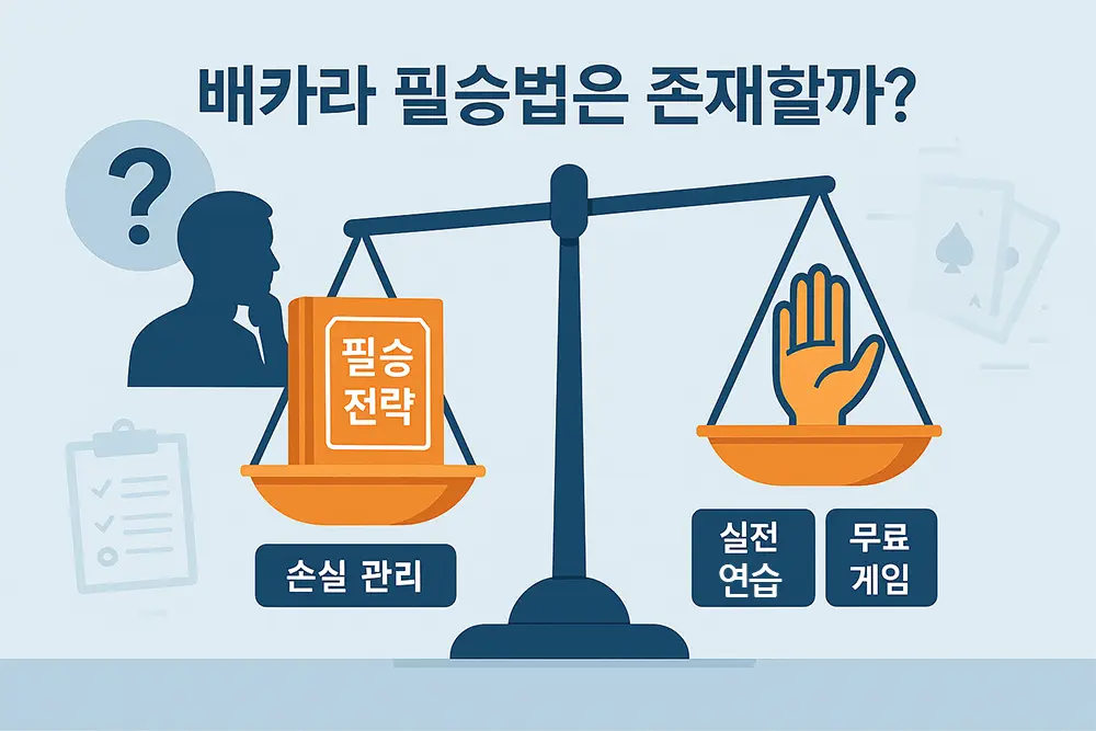 바카라 확률을 무시한 잘못된 필승 전략에 대한 오해를 반박하는 이미지 - 비과학적 접근 방식의 리스크 경고