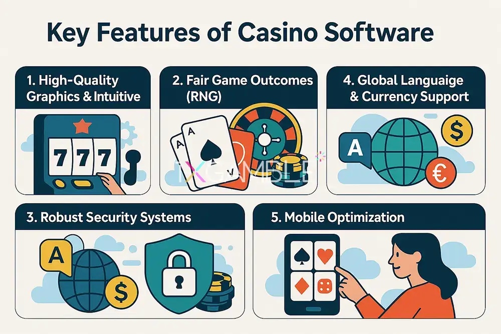 Infographic showing five key features of casino software: graphics, RNG, security, global, mobile.