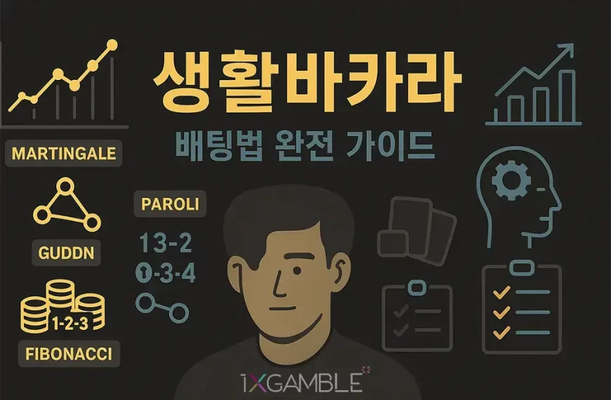 생활바카라 배팅 전략과 자금 관리 아이콘이 함께 나타난 인포그래픽, 마틴게일, 파롤리, 피보나치 등 전략 아이콘과 안전관리 체크리스트 포함