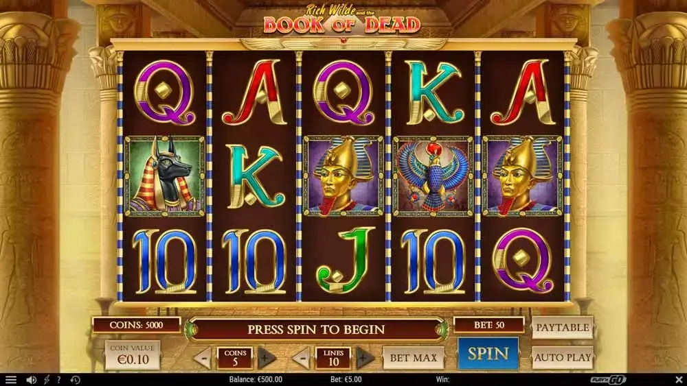 Play’n Go(플레이앤고)의 Book of Dead 게임 플레이 화면