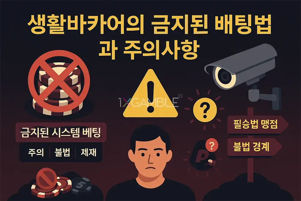 감시 카메라, 금지 표시, 경고 삼각형이 강조된 이미지로, 시스템 배팅의 위험성과 불법적 요소를 경고하는 콘텐츠