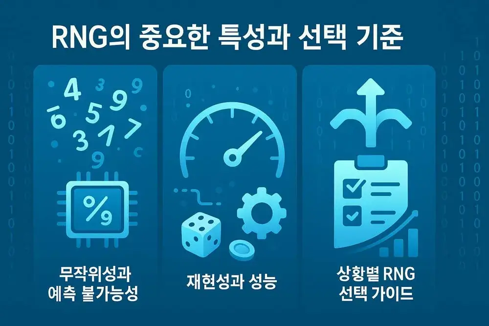RNG 선택 기준 인포그래픽, 무작위성, 예측 불가능성, 성능과 보안 요소를 시각화