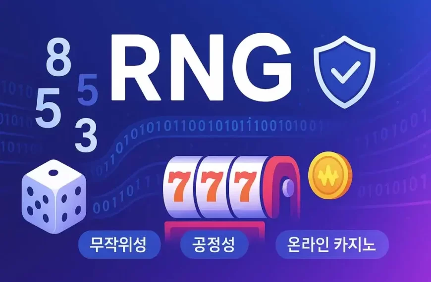 RNG의 의미와 온라인카지노 공정성 핵심을 시각화한 디지털 인포그래픽, 무작위 숫자와 슬롯머신, 주사위, 데이터 흐름