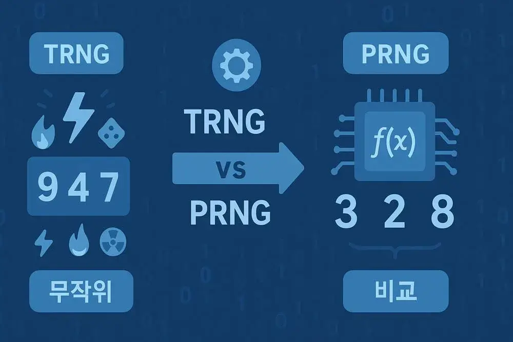 RNG 주요 유형 인포그래픽, TRNG와 PRNG의 차이와 특징을 시각화한 이미지