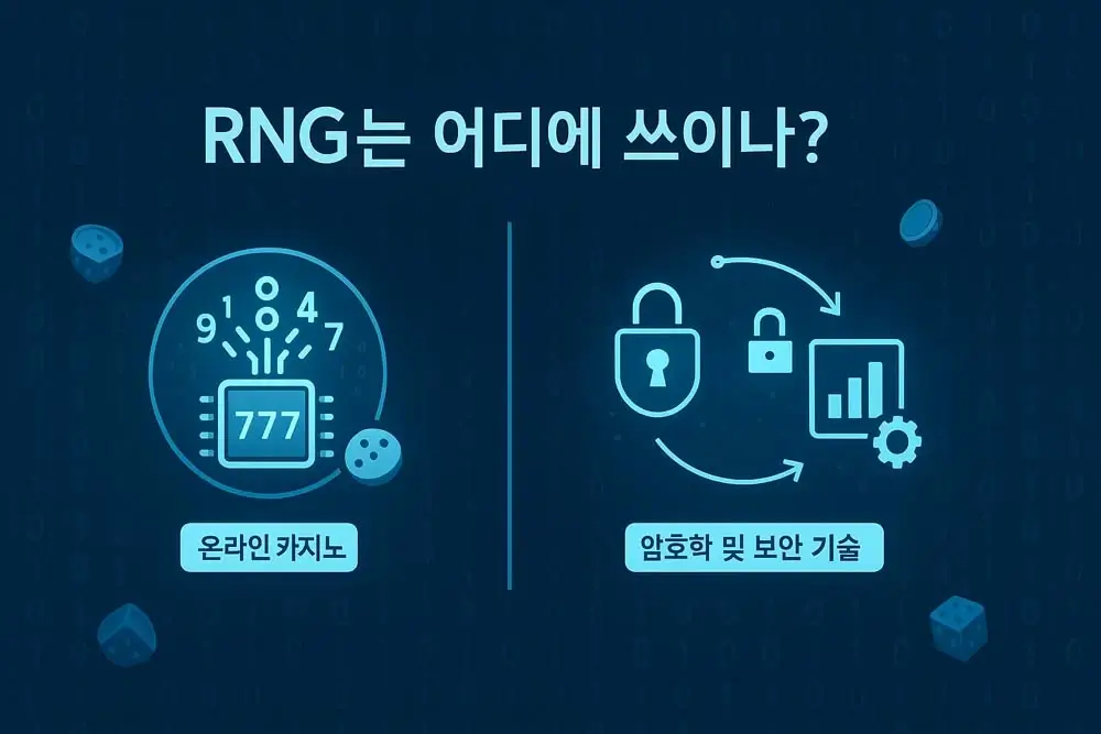 RNG 활용 사례 이미지, 온라인카지노 슬롯머신과 주사위, 암호화 보안, 과학 시뮬레이션에 사용되는 난수