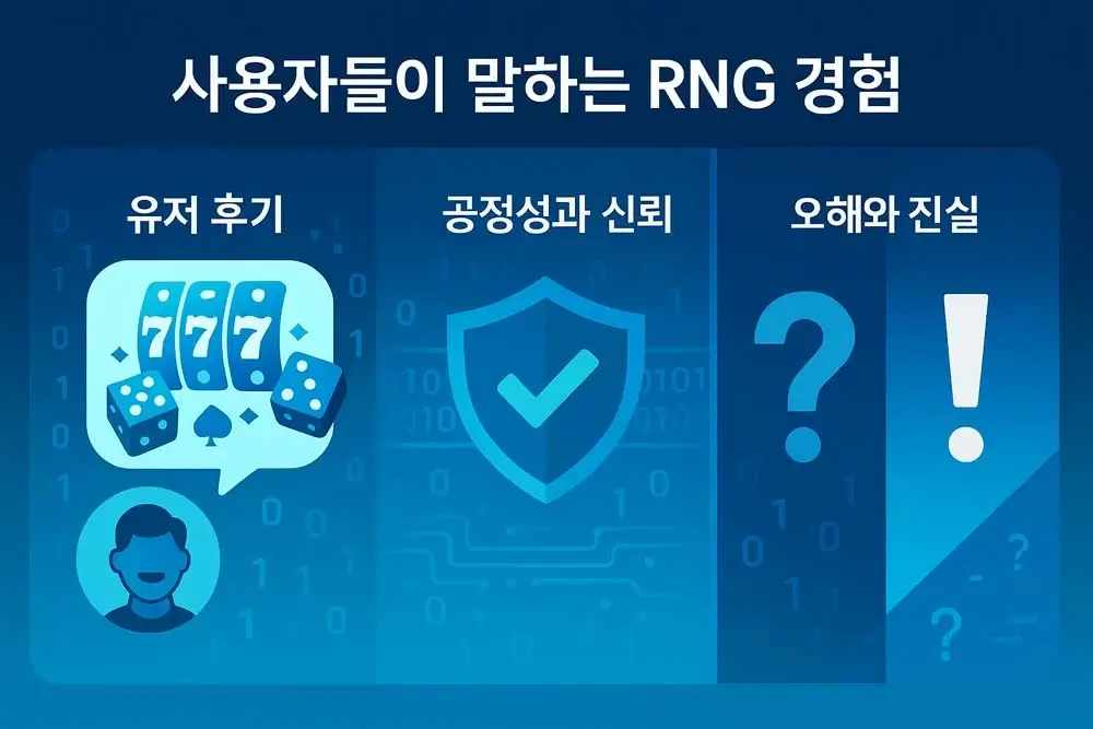 온라인카지노 RNG 사용자 경험 이미지, 유저 후기와 공정성 신뢰 문제를 보여주는 시각 자료