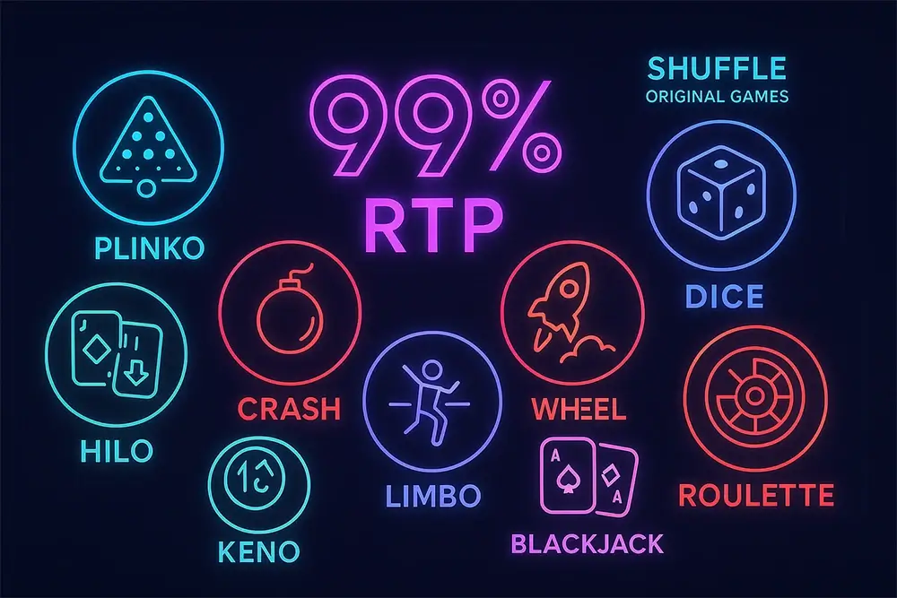 셔플 오리지널 게임 – Plinko, Dice, Crash 등 99% RTP 독점 콘텐츠