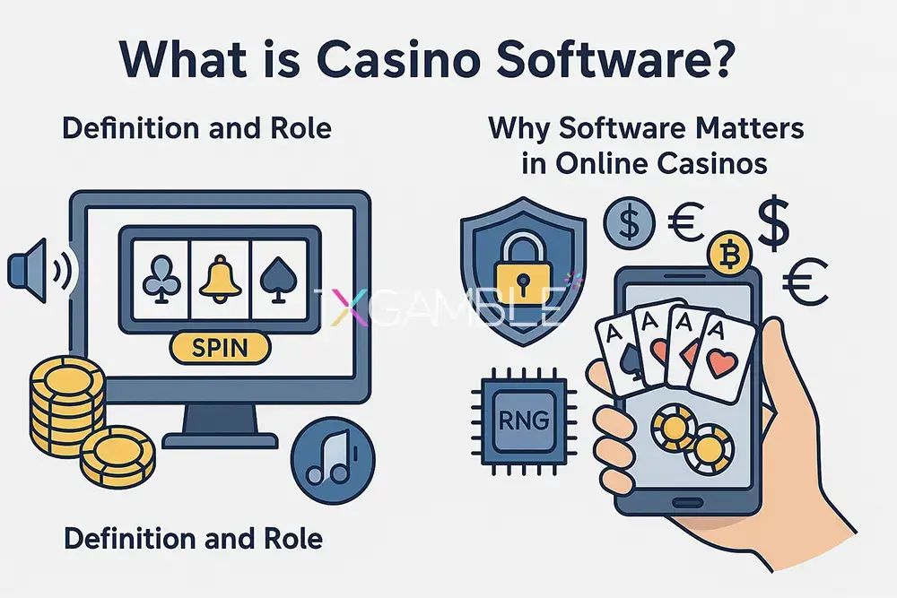Infographic explaining casino software, its role, fairness, and security features.