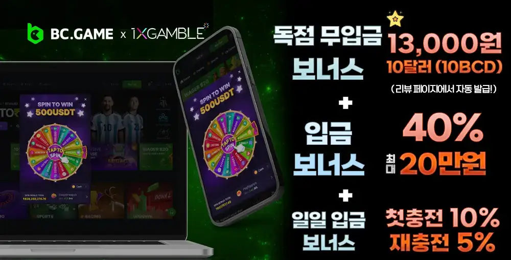 BC게임 독점 보너스 무입금 보너스 10달러, 입급 보너스 40% 최대 20만원 혜택