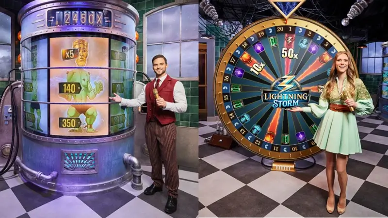 Live casino game show with bonus wheel and hosts