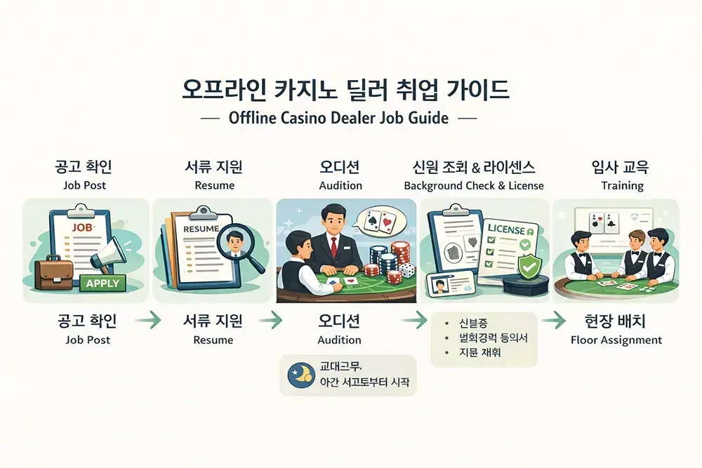 오프라인 카지노 딜러 취업 가이드: 채용 절차·오디션·신원조회·라이센스·교육 흐름
