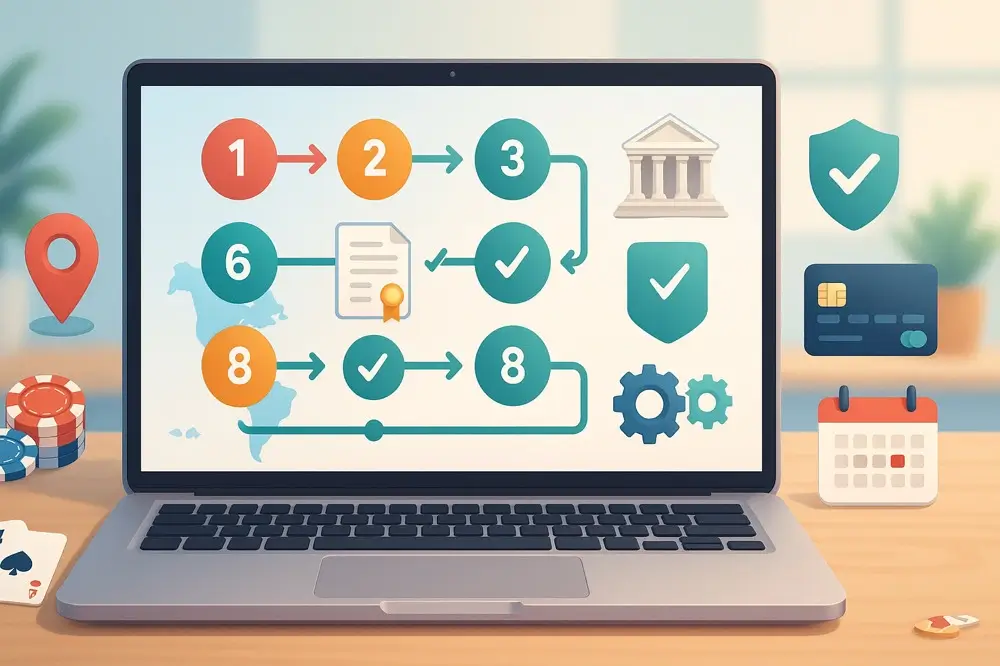 8-step online casino license application process with compliance, regulation and gaming elements