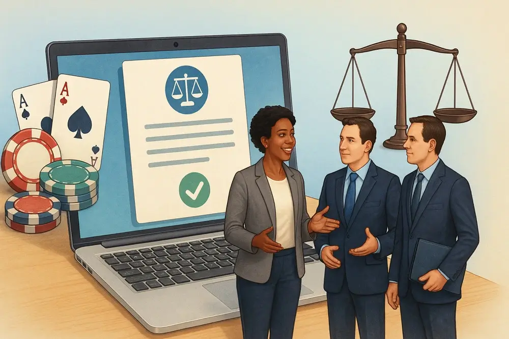 Business team discussing online casino license requirements