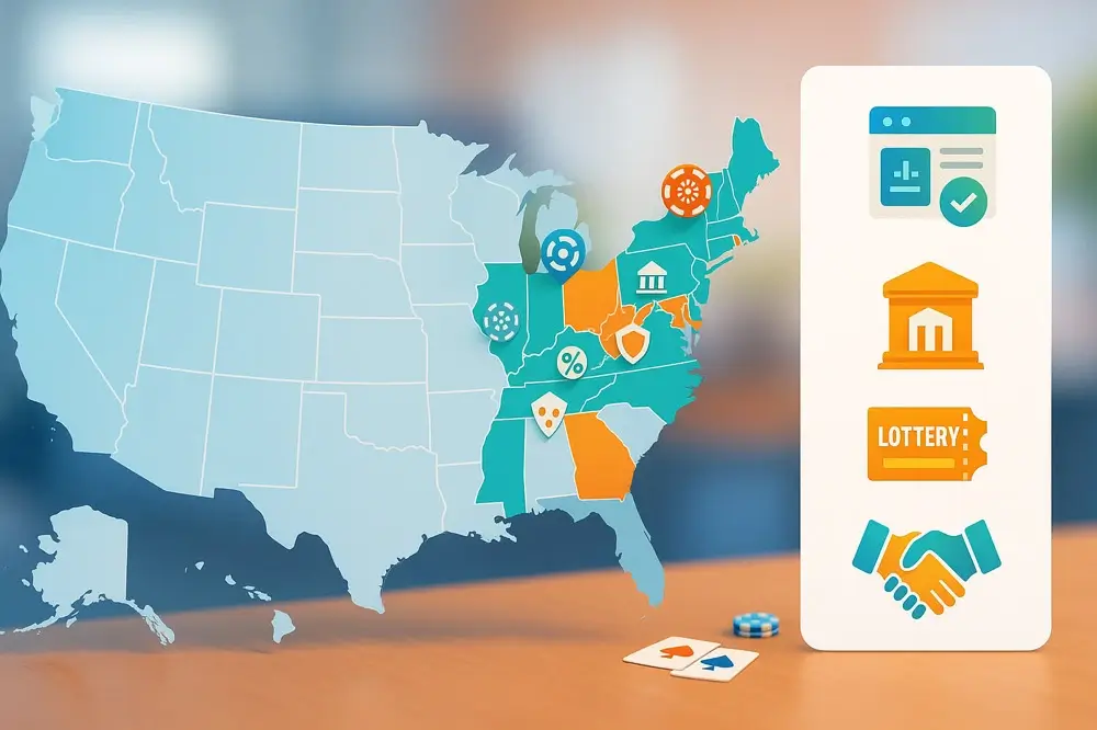 US map showing states with legal online casino licenses